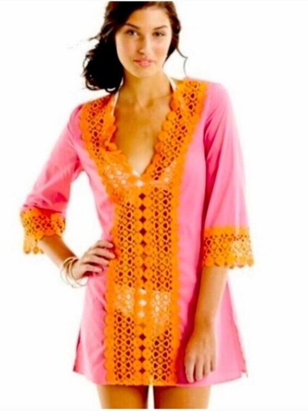 NWT Mud Pie Hot Pink and Orange Nora Crochet Tunic/Swim Cover Up